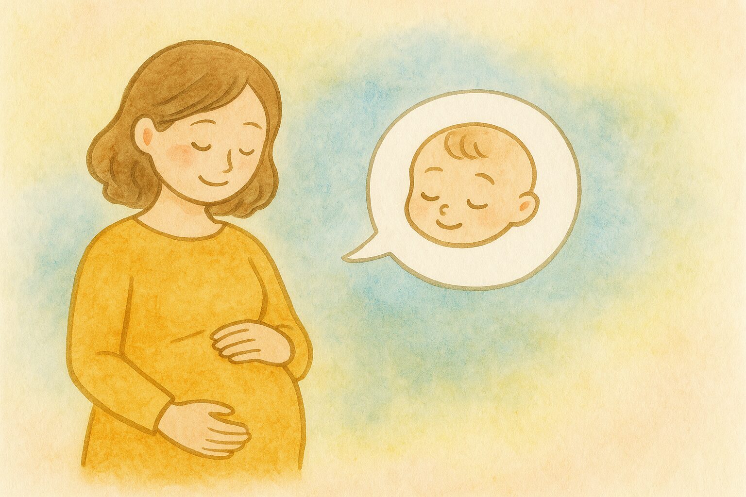 妊娠中の女性が優しくお腹に手を添え、赤ちゃんのイラストが描かれた吹き出しを見つめている様子を、水彩画風に描いたイラスト。胎教や妊娠中の知育をイメージした温かい雰囲気。