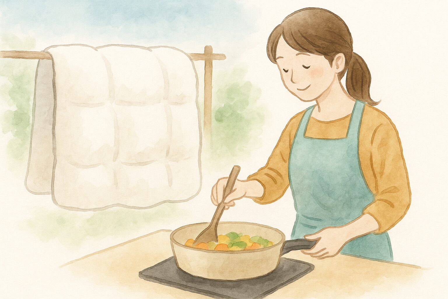 親子が手をつなぎ、信頼を重ねていくイメージの柔らかい水彩画風イラスト。勉強に向かう子どもを見守る母親。
