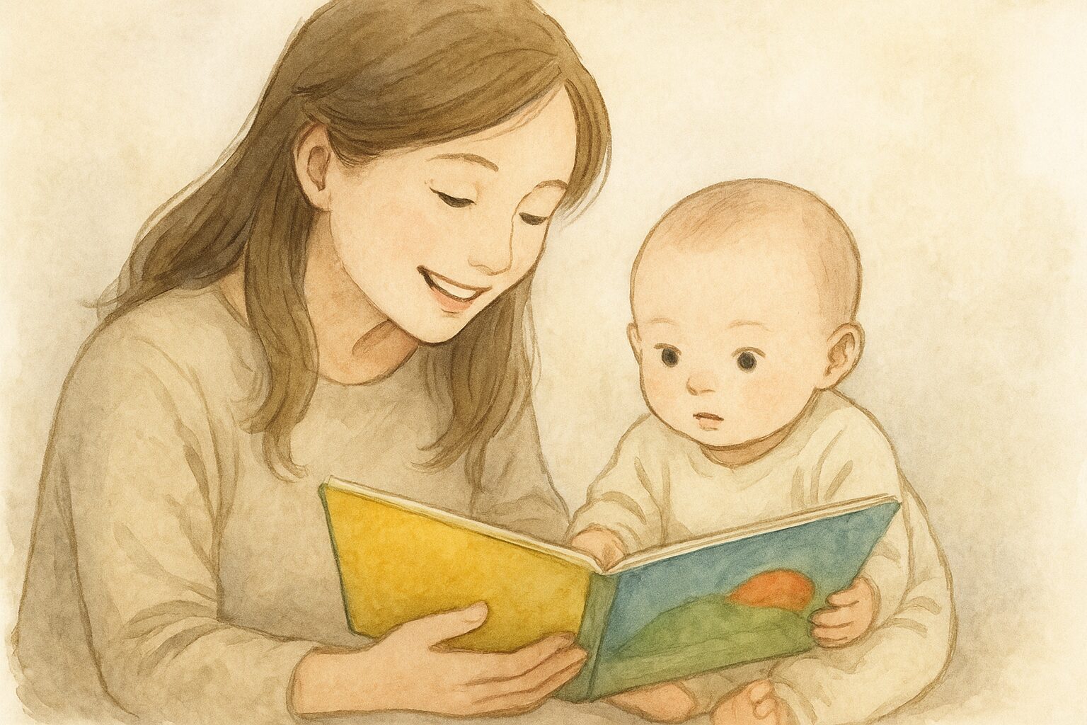 新生児に絵本を読み聞かせる母親。やさしく語りかける姿から親子のふれあいが伝わる水彩画風イラスト。