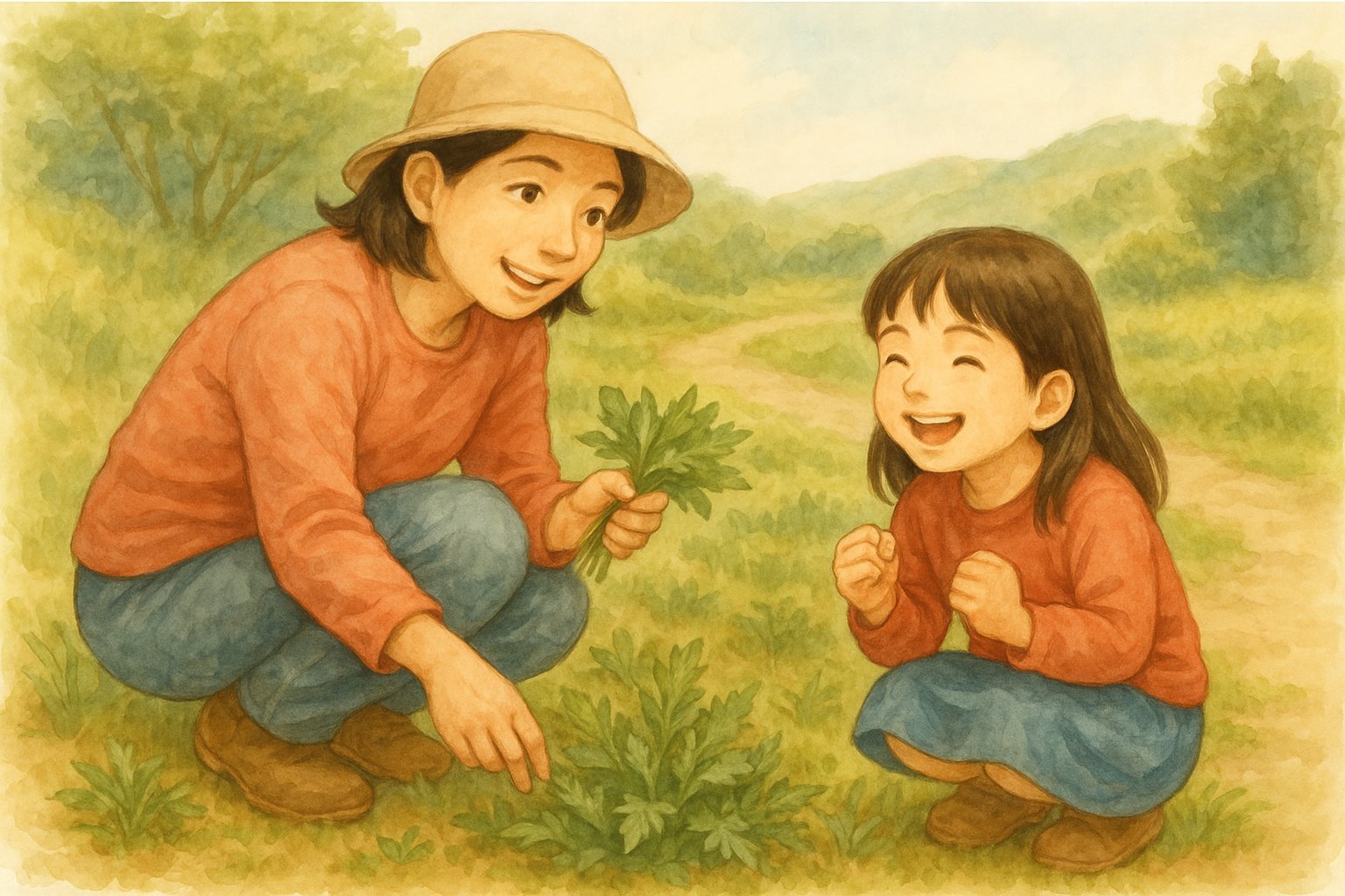 春の野原で、母と娘がよもぎを摘んで笑い合う水彩画風のイラスト