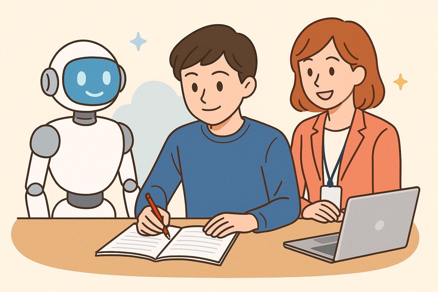 atama＋ オンライン塾を象徴するイラスト。高校生くらいの男子学生が、AIロボットとコーチングスタッフに見守られながら机で勉強している様子。