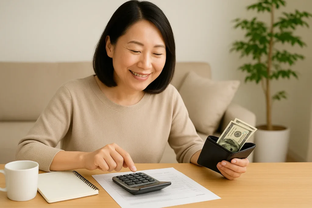 電卓でお金の計算をして納得して支払いをしようとしている保護者
